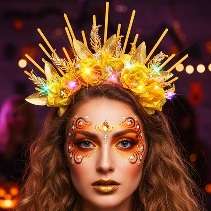 Kilshye Light Up Goddess Headband Gold Flower Headpiece Leaf Halo Headbands for Women