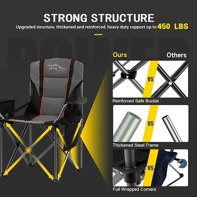 FAIR WIND Oversized Fully Padded Camping Chair for Heavy People with Lumbar Support, Heavy Duty Quad Fold Chair with Cooler Bag, Support 450 LBS, Black