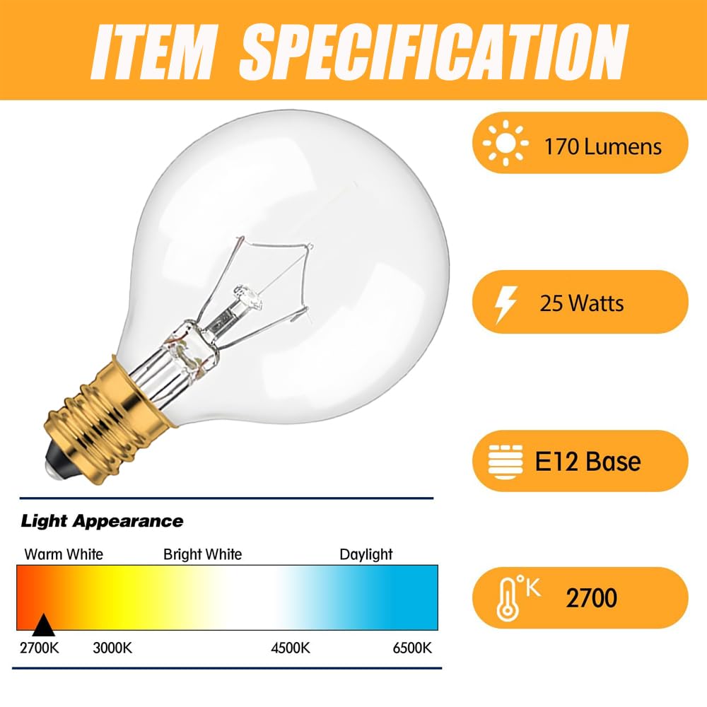 WokHok 25 Watt Wax Warmer Bulbs, Light Bulbs for Full Size Scentsy Warmers,G50/G16.5 Globe E12 Clear Bulbs for Candle Wax Warmer, Long Lifespan, 120 Volt (6 Pack)