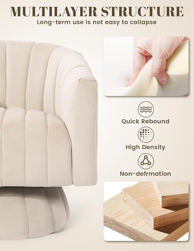 Kromax Swivel Accent Chair with Armrest, Set of 2, Mid Century 360 Degree Swivel Barrel Chair Overstuffed Tufted Velvet, Ideal for Living Room, Bedroom, Reading Room, Beige