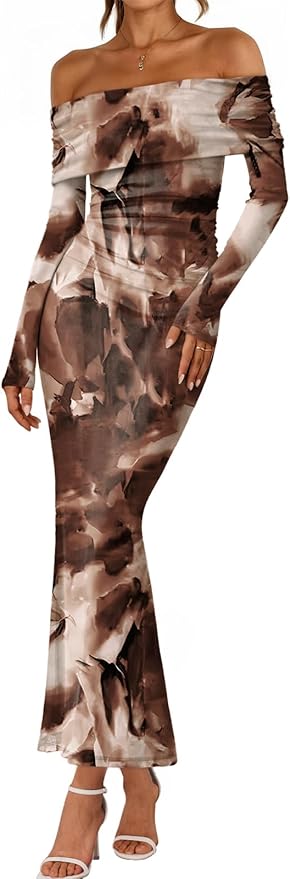 LILLUSORY Off The Shoulder Bodycon Floral Dress 2026 Fall Long Sleeve Maxi Wedding Guest Cocktail Going Out Club Dresses