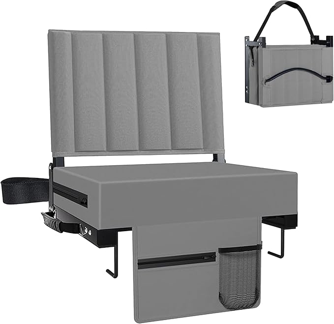 Aliphon Stadium Seat for Bleachers with Back Support and Cushion, Bleacher Seats with Shoulder Strap and Cup Holder, Padded Portable Folding Comfort Stadium Chair, for Sports Events, Grey (1pcs)