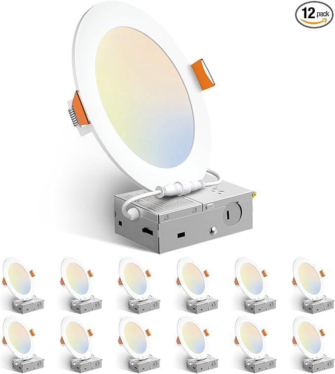 Amico 12 Pack 6 Inch 5CCT Ultra-Thin LED Recessed Ceiling Light with Junction Box, 1050LM Brightness, Dimmable Canless Waf...