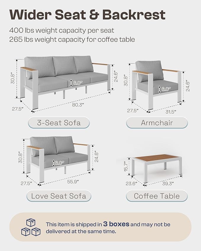 Oasbira Aluminum Outdoor Patio Furniture Set with Coffee Table, 4 Piece Patio Conversation Sets with Washable Thick Cushions, Patio Sectional Furniture Set for Porch, Balcony, Deck, Yard, White