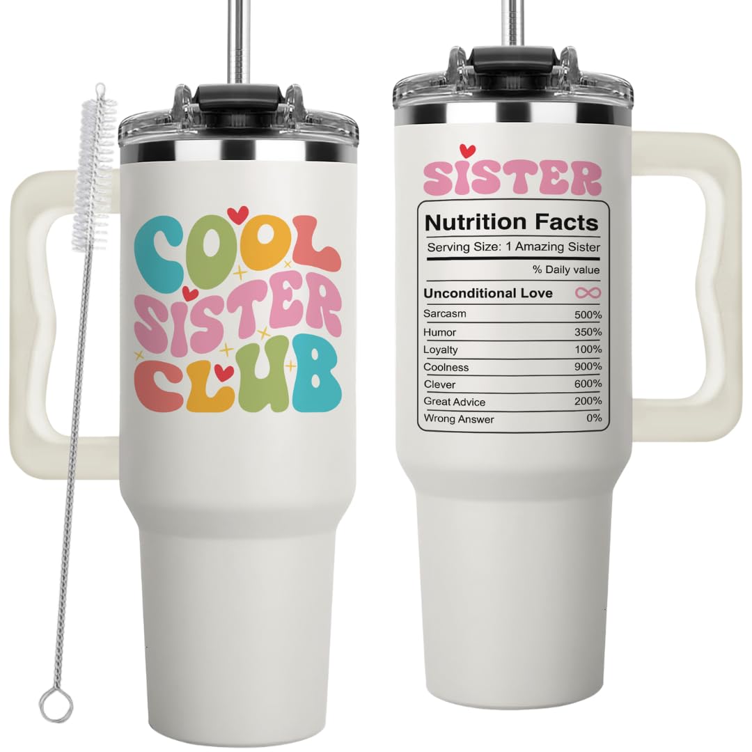 LIERIE8888 Cool Sister Club Tumbler 40Oz - Big Sis Gift Ideas, Funny Coffee Presents for Her, Cute Sibling Tumbler with Handle for Younger or Older Sisters, Birthday Gifts for Women and Teenage Sis