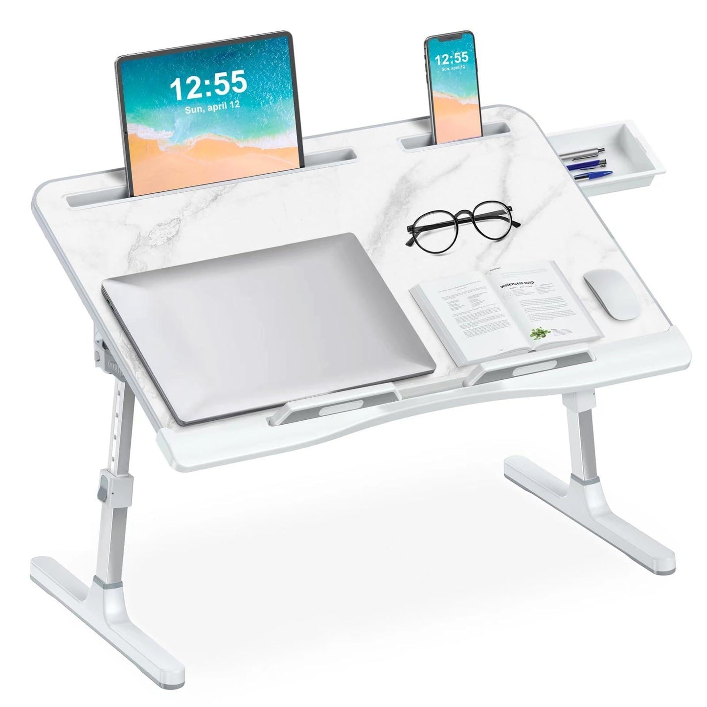 EVETTO Bed Desk for Laptop - Marble Pattern, Adjustable X-Large Foldable Lap Desk, Laptop Lap Desk with 2 Movable Stoppers and Drawer for Bed Couch Floor Writing Eating Working (23.6 inch)