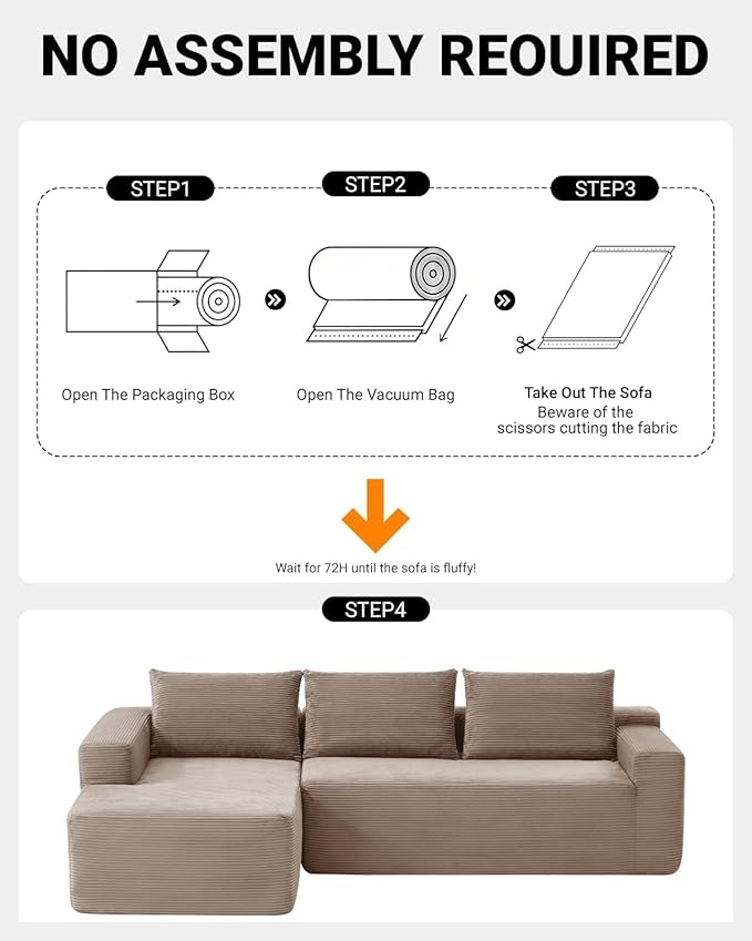 Vanress 97" Cloud Couch Sectional, Corduroy Boneless Couch with L-Shape Chaise,Modern Modular Sectional Sofa Comfy Deep Seat for Living Room, Bedroom, No Assembly (Camel, Left Facing Chaise)