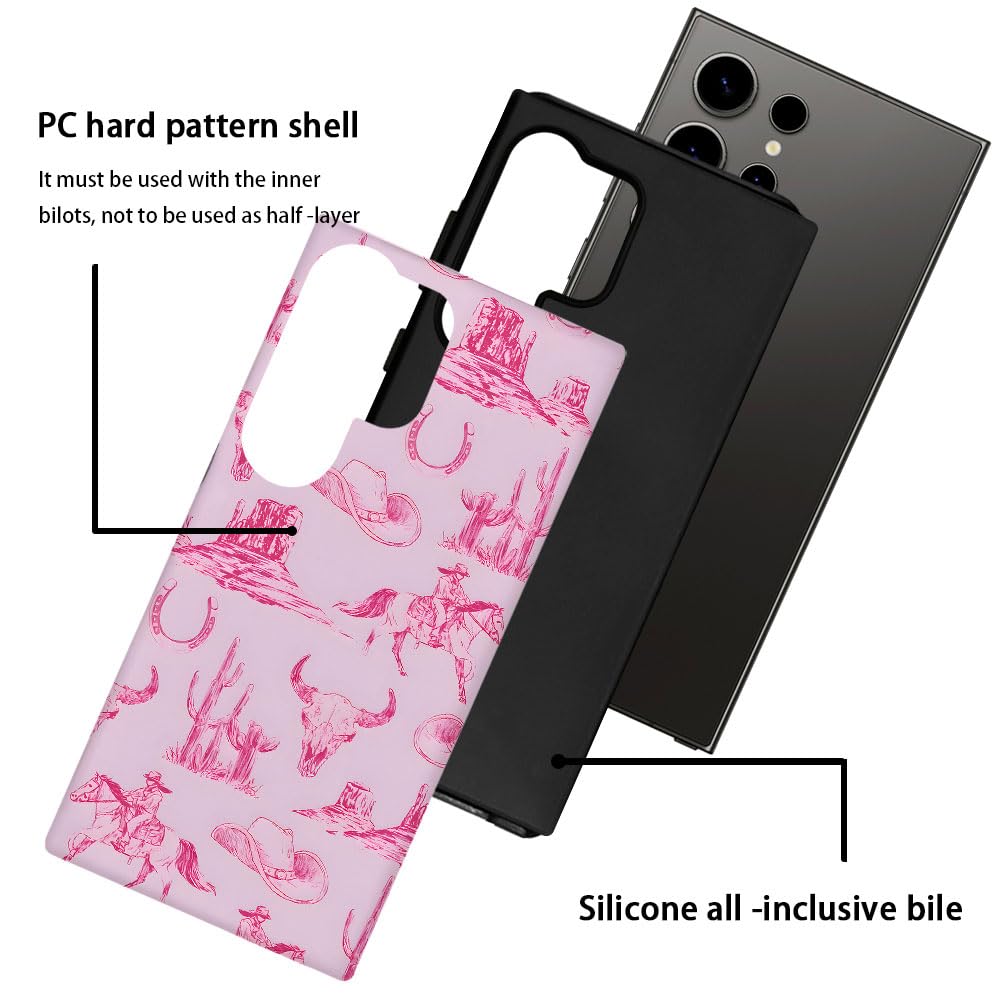 Tnxee Case For Samsung Galaxy S24 Ultra,Pink Hat Horse Western Cowboy Phone Case Drop Resistant Frosted 2 In 1 Solid Dual-Layer
