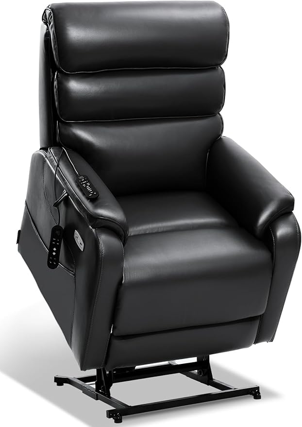 EONIX Dual Motor Lay Flat Power Lift Recliner Chair for Elderly, Faux Leather Electric Lift Chairs for Adults, 400lbs Heavy Duty Power Recliner with Heat Massage Charging Ports, SLRY003, Black