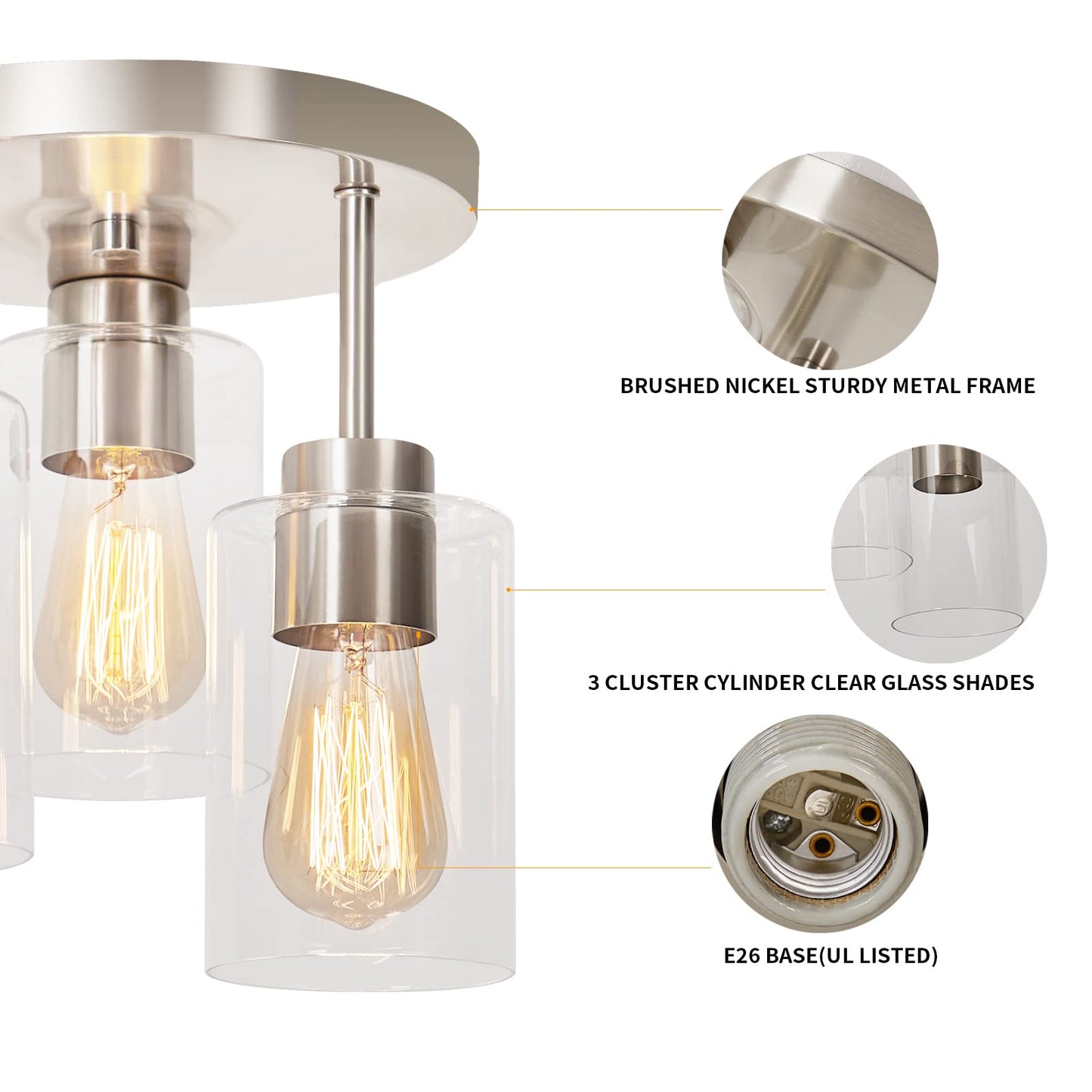 foucasal Semi Flush Mount Ceiling Light 3-Light Brushed Nickel Flush Mount Ceiling Light Fixtures with Clear Glass Shade, Modern Kitchen Ceiling Light for Bedroom Stairs Porch Hallway Entryway