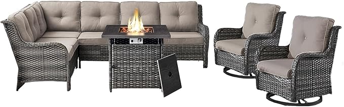 Belord Outdoor Sectional Sofa Furniture Set with Propane Fire Pit Table, Wicker Patio Conversation Set with 2 Swivel Glider Rocker Chairs Grey Cushion Perfect for Backyard Casual Gathering