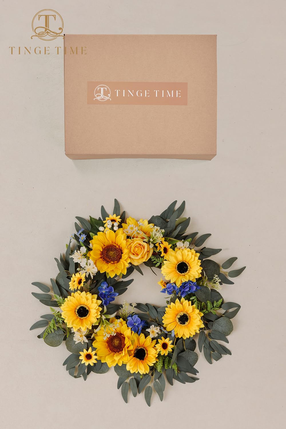 TINGE TIME Aritificial Flowers Candle Rings, 1 Pcs 15inch Diam Sunflower & Royal Blue Fake Rose Wreath Wedding Centerpieces for Tables Summer Garland for Front Door Weddings Party Ceremony Decor