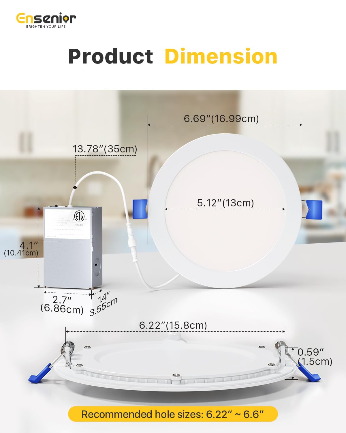 Ensenior 6 Pack 6 Inch LED Recessed Light, Dimmable, 3000K-5000K 3CCT, 1200LM High Brightness, 12W 120V, 3 Pin, ERL-12X-ETL, Damp Rated, Ultra-Thin Canless Wafer Ceiling Light - ETL & FCC & IC