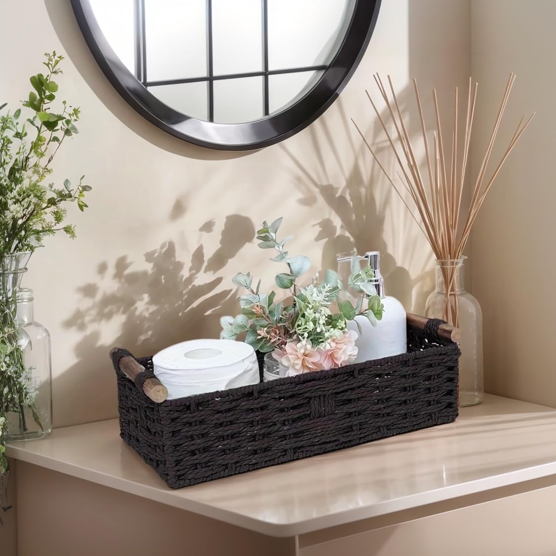 Rattanzenith Black Paper Rope Storage Basket with Wooden Handle – Handwoven Decorative Wicker Basket for Organizing Toilet Tank, Countertop, Cosmetics & Toilet Paper – 1PC