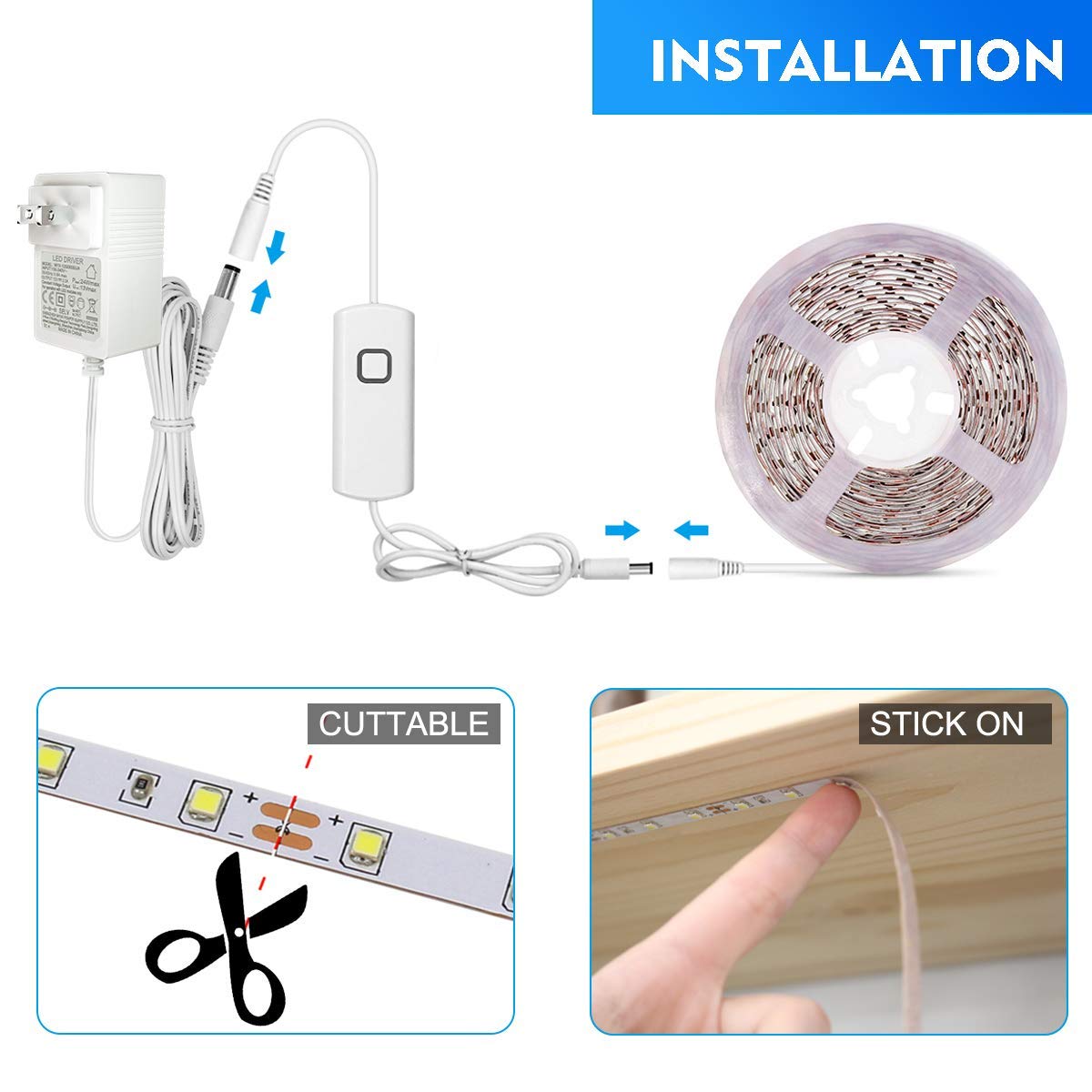 MYPLUS LED Strip Lights White, 16.4ft Daylight White 6000K LED Tape Lights with Dimmable 700 Lumen and 300 LEDs Bright Flexible Led Light Strip for Vanity Mirror,Under Cabinet,Kitchen,Bedroom