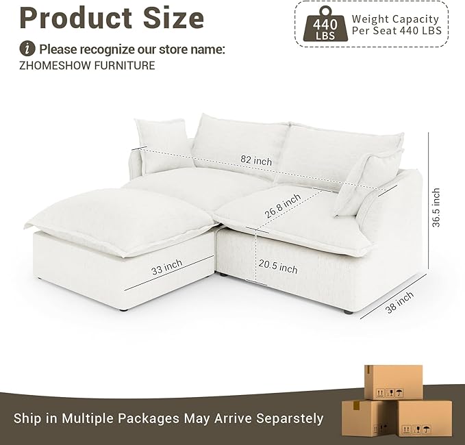 Lopzeho 82” Modular Sectional Sofa, Comfy Down Fill Cloud Couch with Movable Ottoman, L Shaped Modular Small Couch with Washable Cover, Sectional Couches for Living Room Small Apartments, Cream White