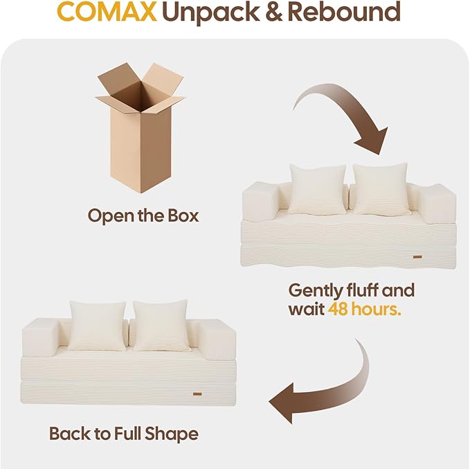 COMAX Futon Sofa Bed, 4‑in‑1 Convertible Sofa Bed, Folding Boneless Couches for Living Room, Fold Out Small Foldable Loveseat Floor Sleeper Comfy Mattress Lounge Space‑Saving, Beige