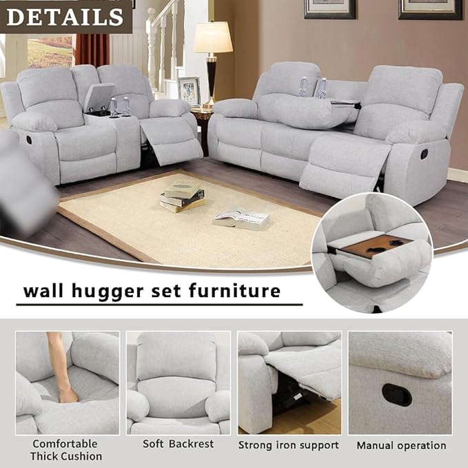 A Ainehome Living Room Furniture Set Leather Recliner Sofa Set Loveseat Chair Furniture Sofa Set for Living Room/Small Space/Rv/House/Office/Theater Seating (A-Grey White Microfiber, Sofa+Loveseat)