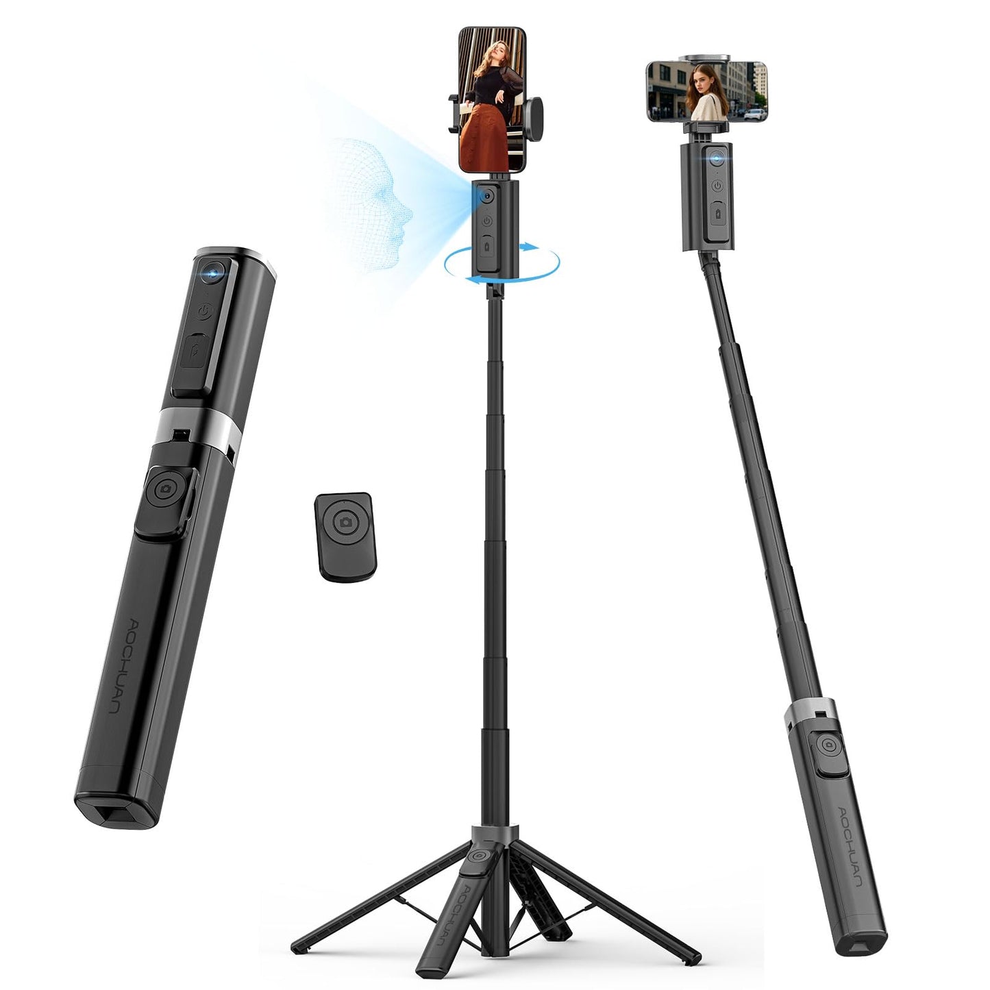 Aochuan Auto Face Trackingtripod, W/Gesture Control For Iphone,Extendable Pole, 360 Rotating Selfie Stick,Wireless Remote,Video