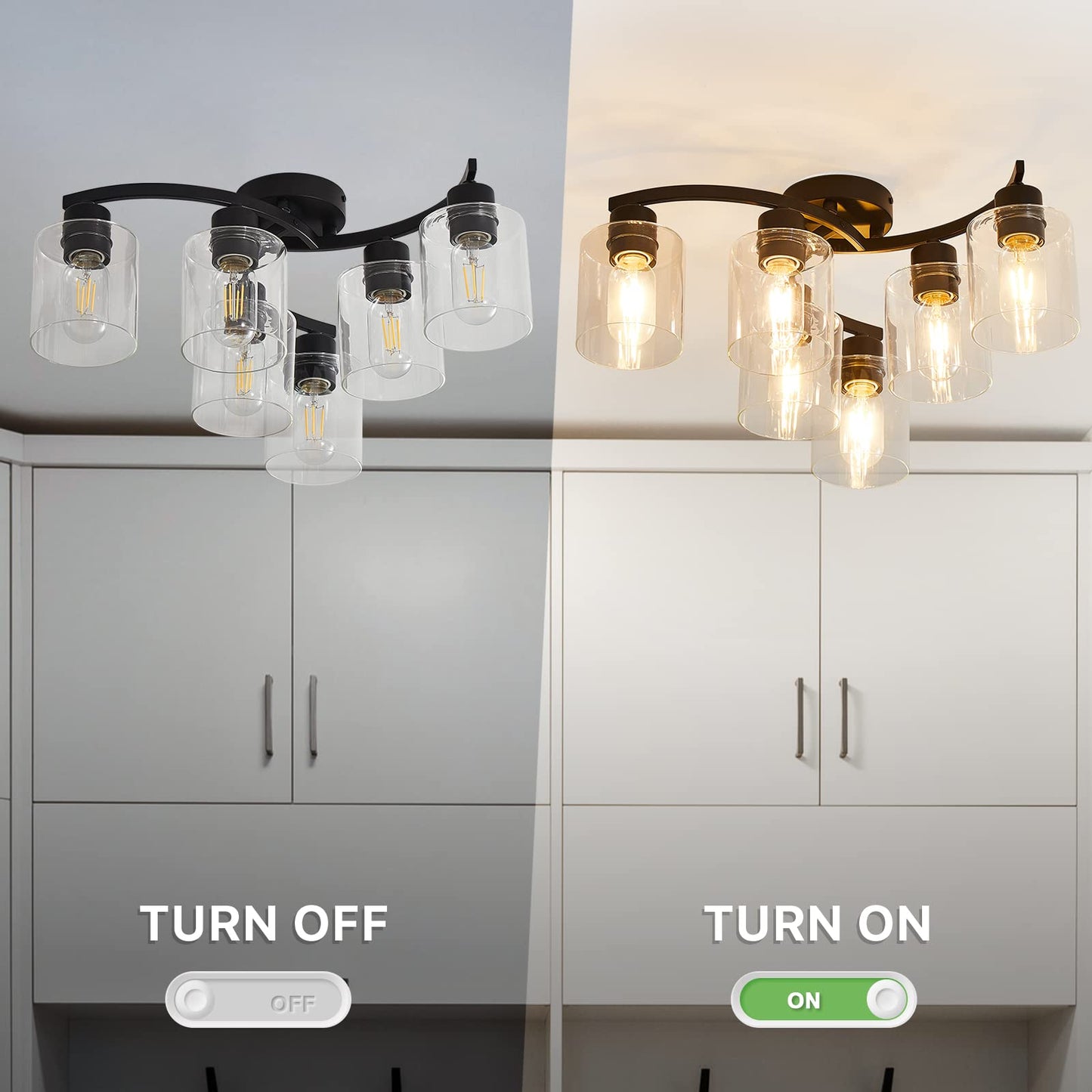 Eatich 6-Light Ceiling Light, Semi Flush Mount Ceiling Light Fixture, Kitchen Lighting Fixtures Ceiling, Farmhouse Black with Clear Glass Shade for for Dining Room Bedroom Living Room