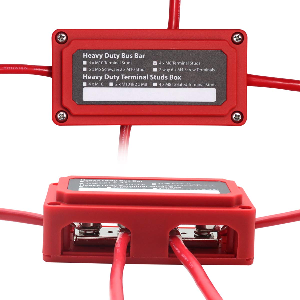 T Tocas 300A Bus Bar Power Distribution Common Busbar 4Xm8 (5/16 ) 12V, Red