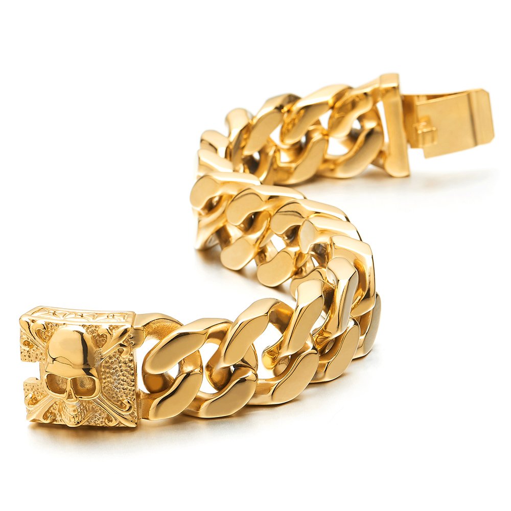 COOLSTEELANDBEYOND Mens Large Stainless Steel Gold Curb Chain Bracelet with Fleur De Lis and Skull, Biker Gothic, Polished