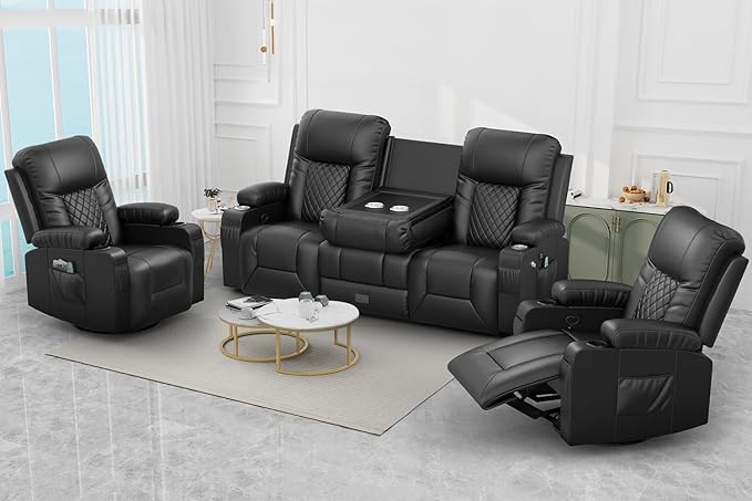 FURNIMAT Recliner Sofa Set with 3+1+1 Pieces in Living Room, 3 Seater Reclining Sofa with Flip Back Console, 2 Recliner Chair with Vibration Massage and Heat Single Sofa Seat
