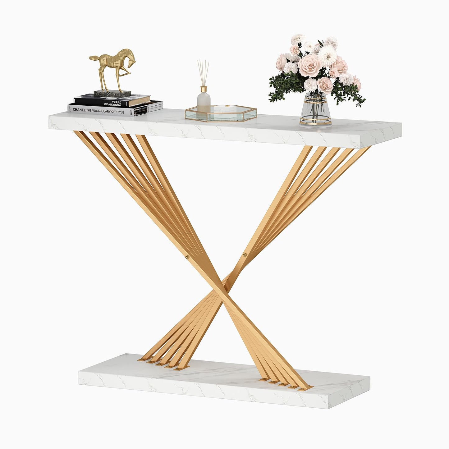 UNIQUITE 39.4 Inch Gold Console Table, White Faux Marble Modern Entryway Table Sofa Tables Behind The Couch for Entrance Hallway Living Room, X-Shape