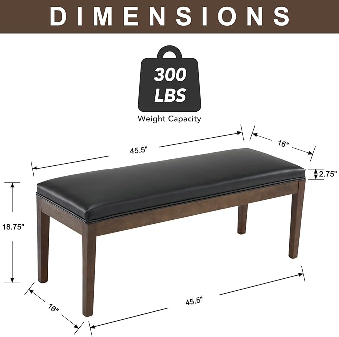 chairus PU Leather Upholstered Entryway Bench Dining Table Benches Farmhouse Shoe Bench Seat for Hallway Bedroom End of Bed Vintage 45.5" Wooden Leg Benches for Kitchen Restaurant Window, Black