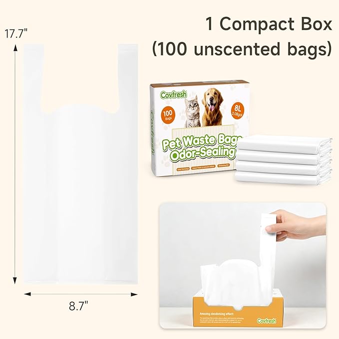 Odor-Sealing Dog Poop Bags with Handles 100 Count Pet Waste Bags, Large Capacity & Unscented Poop Bags for Dogs or Cat Litter, Conceals Smell & Mess (White)