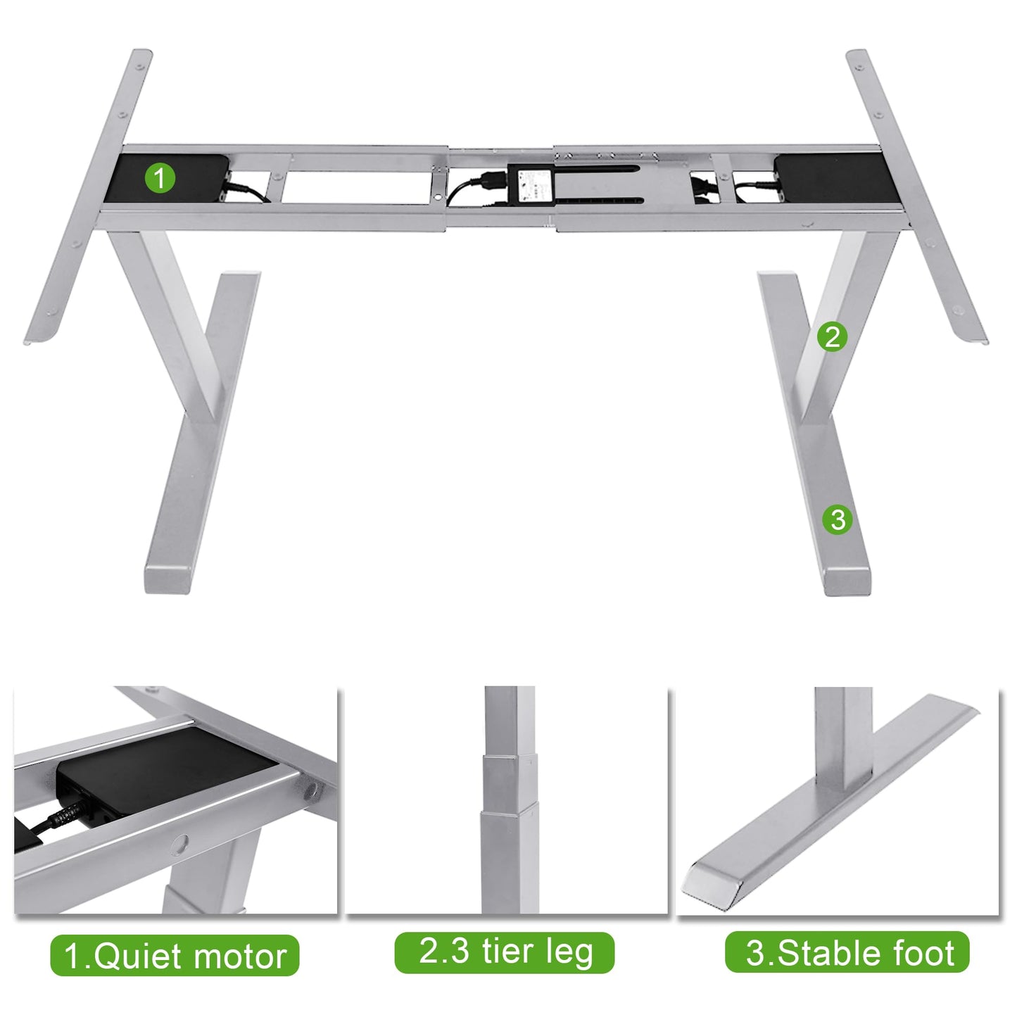Fromann Dual Motor Standing Desk Frame 3 Tier Legs Sit Stand up Electric Height Adjustable Desk Base for Home and Office (Grey)