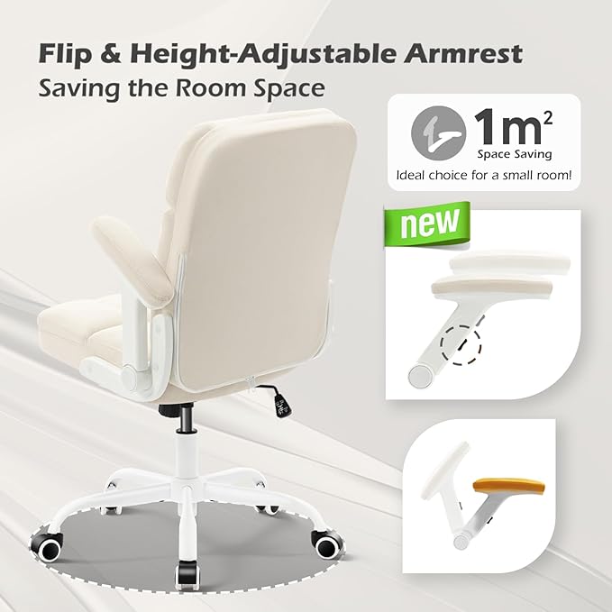SEATZONE Home Office Chair–Beige Velvet Desk Chair with Wheels, Comfortable Computer Work Chair with Flip-up Arms and Adjustable Tilt