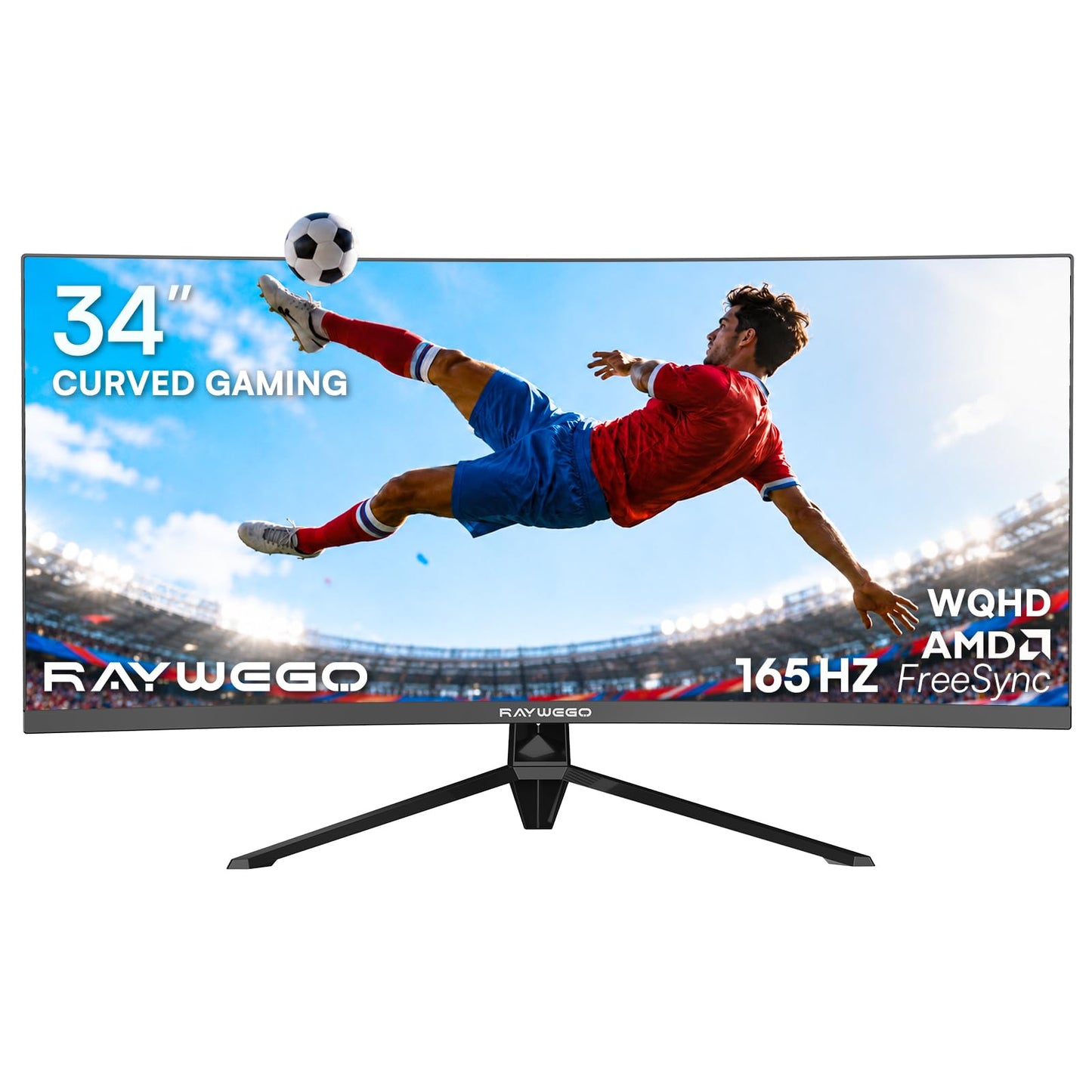 Raywego 34 Inch Curved Gaming Monitor, 165Hz 1500R WQHD(3440 x 1440), 1ms MPRT, FreeSync, PIP/PBP, 127% sRGB, HDR, HDMI2.0 & DP1.4 VESA, Tilt Adjustable, Pro Gaming (DP Cable Included)