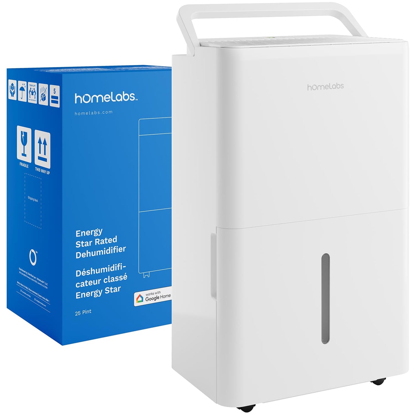 hOmeLabs Dehumidifier 3,500 Sq Ft Wi-Fi (25 Pint MAX 64 Pint at 95°F, 90% RH) for Advanced Humidity & Moisture Control, Quiet, Efficient, Auto Shut-off, Ideal for Home, Basement, Office