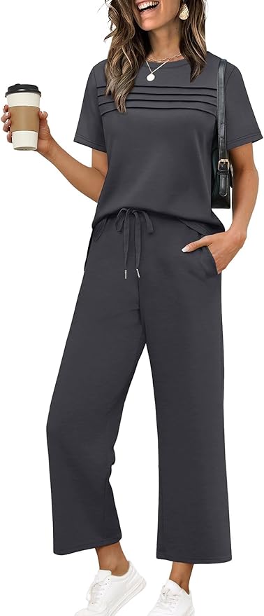 WIHOLL Two Piece Sets for Women Summer Travel Vacation Outfits Short Sleeve Lounge Sets Side Slit Wide Leg Pants S-3XL