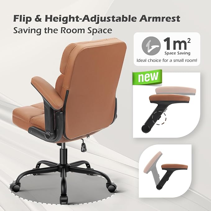 SEATZONE Executive Office Chair Small PU Leather Desk Chair with Wheels,Ergonomic Computer Swivel Rolling Task Chair with Back Support,Brown
