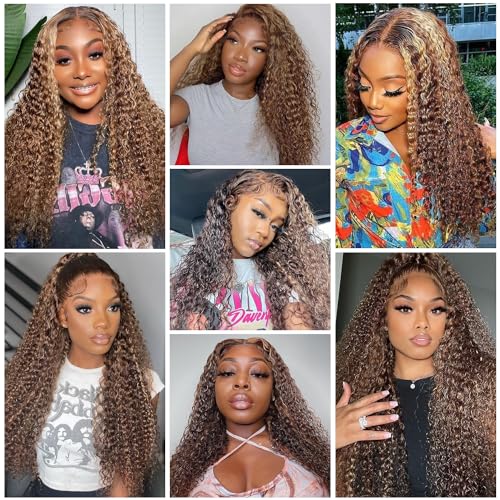 26 Inch 13x6 Highlight Ombre Deep Wave Lace Front Wigs Human Hair Pre Plucked #4/27 Colored Glueless Wigs Water Wave Honey Blonde Curly Lace Frontal Wigs Human Hair for Women