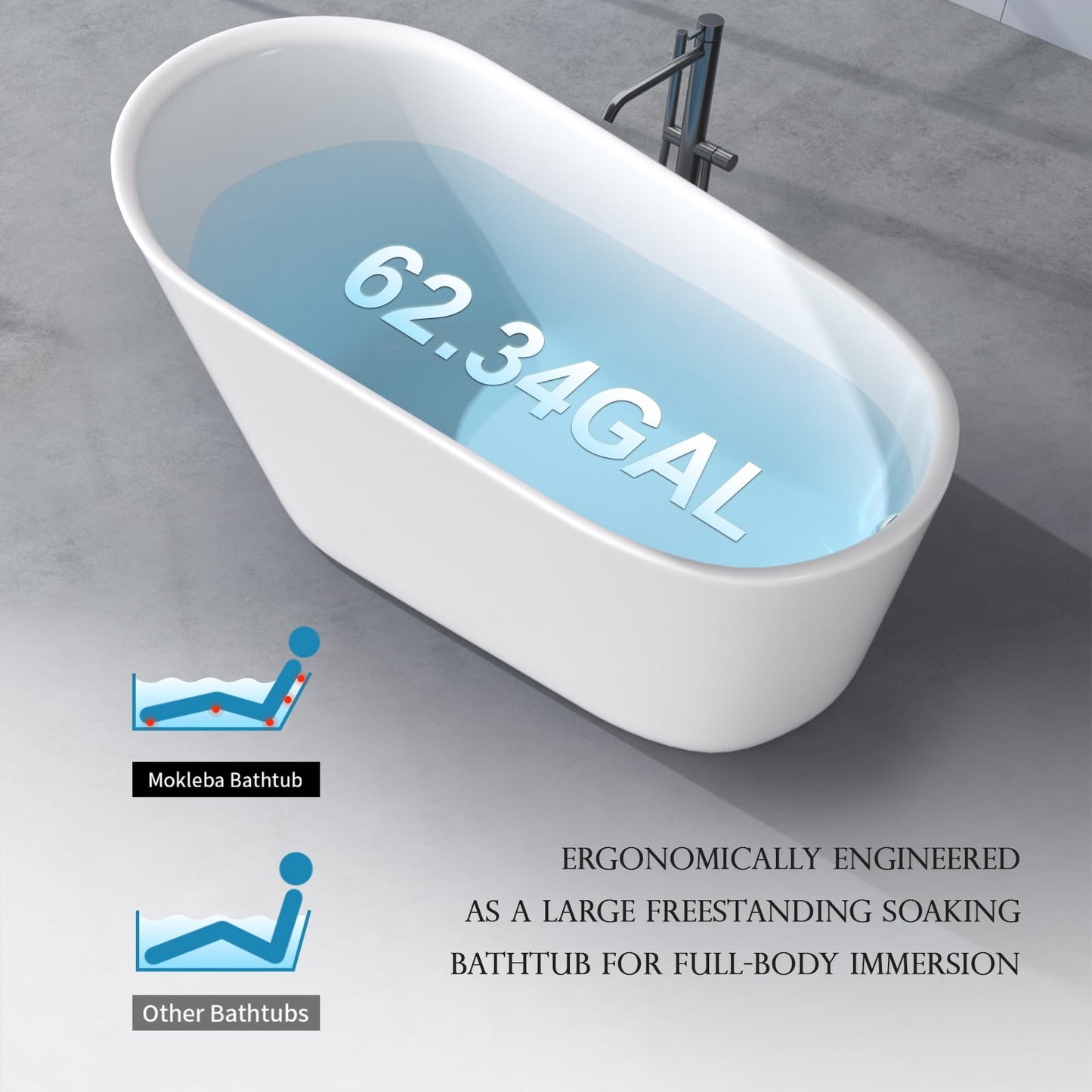 Mokleba 61" Acrylic Freestanding Bathtub, Single Slipper Free Standing Tub, Soaking Tub with Integrated Slotted Overflow, Toe-Tap Chrome Drain, cUPC Certified, Glossy White