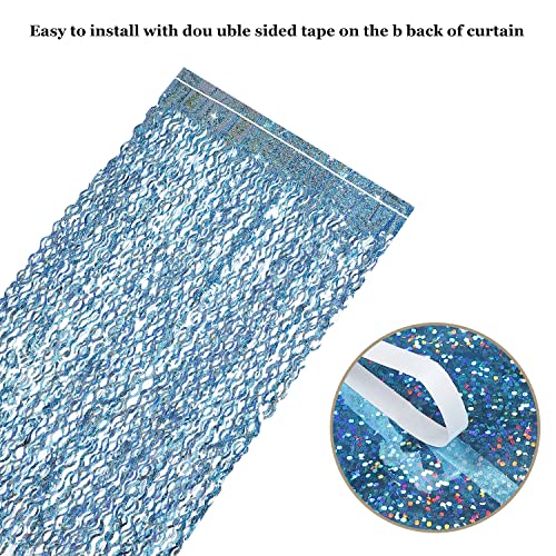 4 Pack Light Blue Party Foil Curtain - CYLMFC 3.3 ft x 6.6 ft Wavy Photo Booth Backdrop Metallic Tinsel Foil Fringe Curtai...