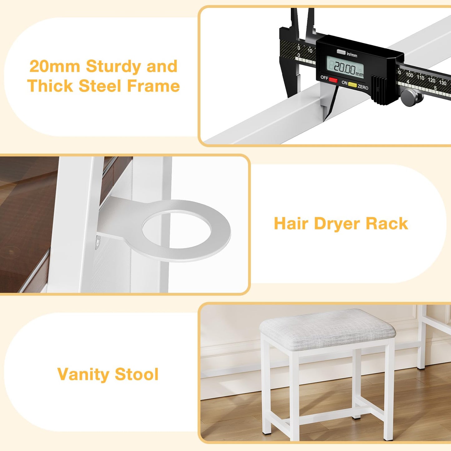 Memobarco Vanity Desk with Mirror and Lights, Makeup Vanity with Storage Shelf & 2 Drawers, Small Vanity with 3 Color Modes & Brightness Adjustable, Vanity Desk with Power Outlet & Light Strip, White