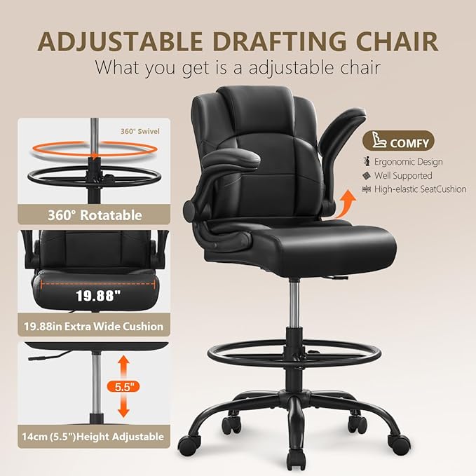 500 lbs Drafting Chair Tall Office Chair with Flip-up Armrests for Standing Desk Executive Ergonomic Computer Leather Desk Chair with Lumbar Support, Adjustable Foot Ring for Home or Drawing Use