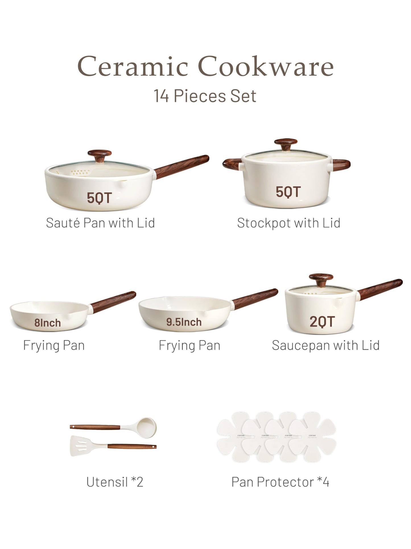 CAROTE Ceramic Cookware Sets, Pots and Pans Set Non stick, Non Toxic Healthy Induction Cookware, 14 Pcs Nonstick Kitchen Pots and Pans Set, PFAS PTFE Free, Dishwasher Safe