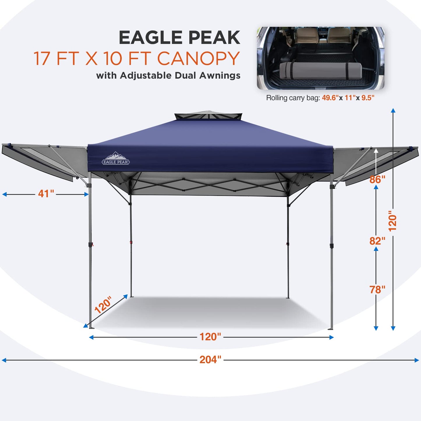 EAGLE PEAK 17x10 Pop up Gazebo Canopy Tent Outdoor Instant Canopy Shelter with Adjustable Dual Half Awnings (Blue)