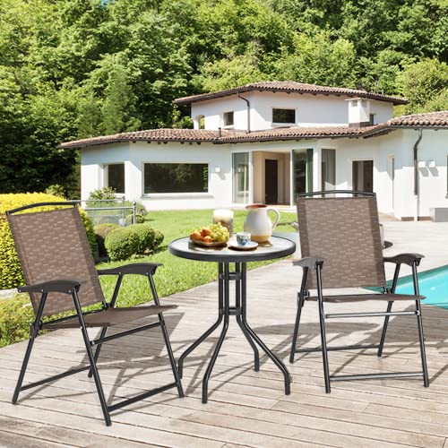 Tangkula 3 Pieces Patio Bistro Set, Outdoor Folding Chairs & Table Set with Tempered Glass Tabletop, Round Table & 2 Folda...