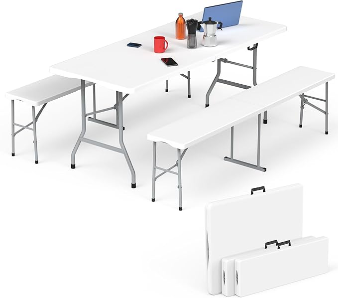 HLPB Folding Table Picnic Table Set, 6 ft Camping Table with 2 Benches, Outdoor Indoor Portable Folding Furniture for Work...