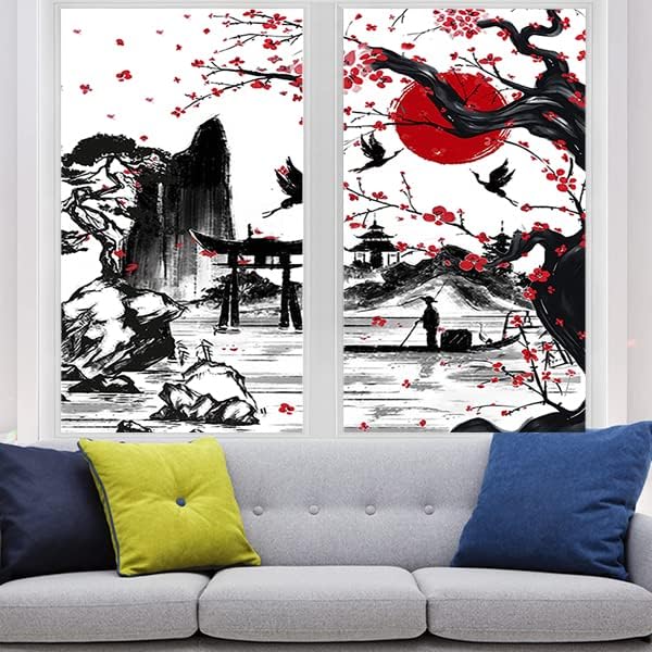 Vintage Japanese Style Decorative Window Film Abstract Ink Japanese Landscape Torii Gatekids Blackout Window Film,Cafe Lighted Window Film 23.6Wx47.2L-Inch X2Pcs