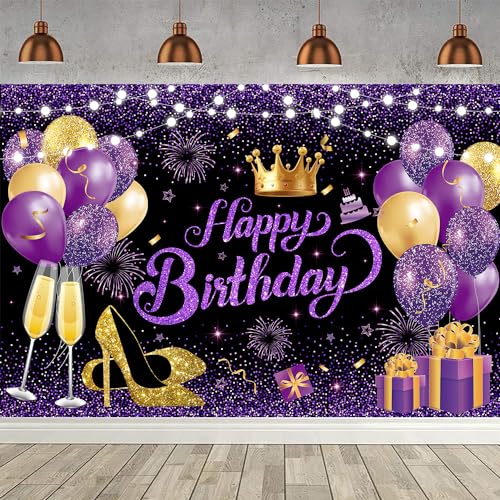 YinQin 180x120 cm Glitter Black Purple Golden Happy Birthday Party Photo Backgrounds Backdrops Cloth 71x47 inch Purple Gol...