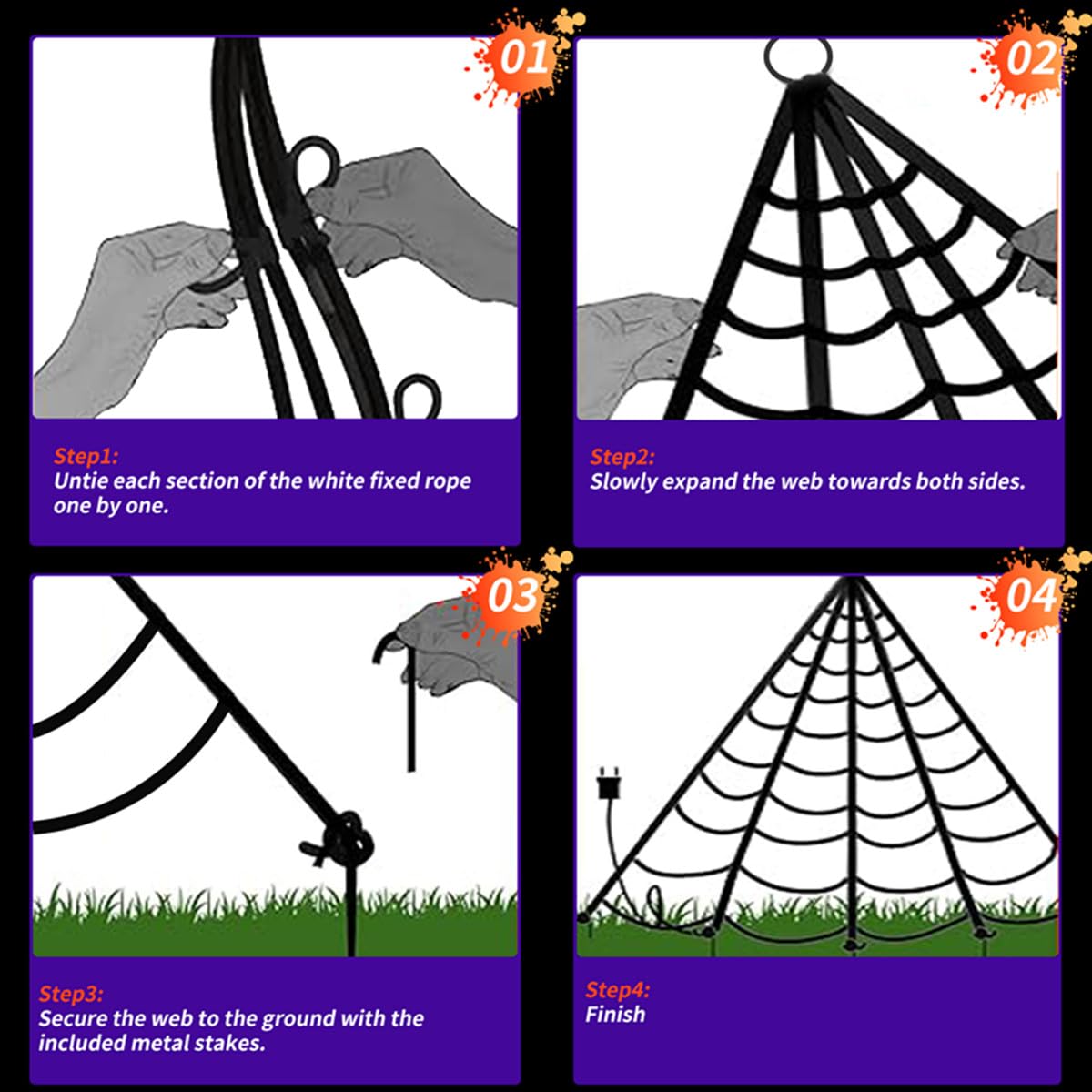 Halloween Decorations Spider Web Lights, 404 LED 16Ft*14Ft Purple Giant Led Spider Web Light with 8 Modes Purple Spider Web Lights for Patio, Garden, Haunted House Décor