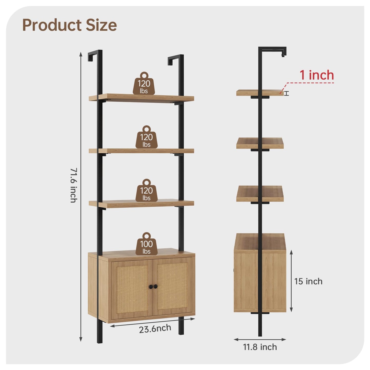 Airynee Ladder Bookshelf, 4 Tier Book Shelf with Rattan Cabinet, Wall Mount Bookshelves and Bookcases with Metal Frame, Anti Dump, Tall Bookcase for Living Room, Home Office, Bedroom