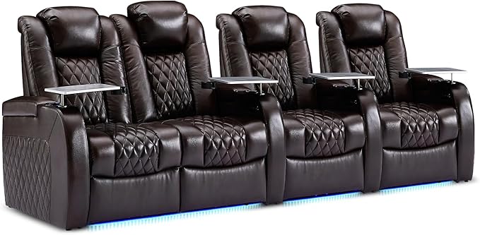 Weilianda Home Theater Seating Top Grain Leather Zero Gravity Recliner Chair Power Headrest Recline Movie Seat Gaming 7 Colors Mood Light Sofa with Tray Table USB Charge Row of 4 Loveseat Left Brown